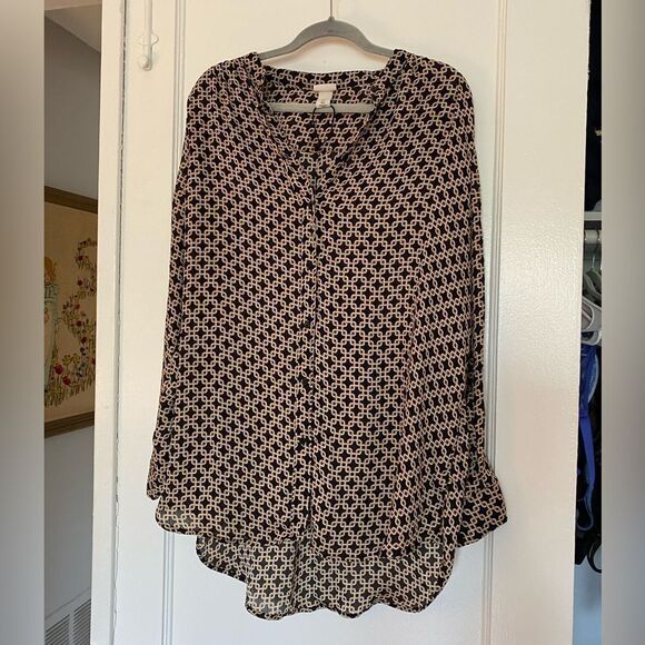 Richard Allen x H&M Long Sleeve Gold Pattern Button Down Blouse Size 12 - Picture 1 of 8